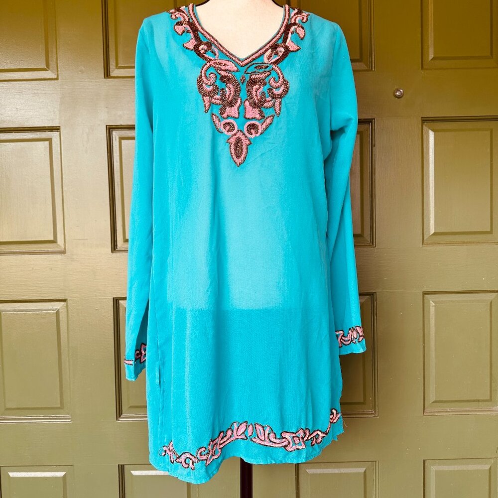 EUC | Beaded Embroidered V-Neck Tunic | Semi Sheer | Size M